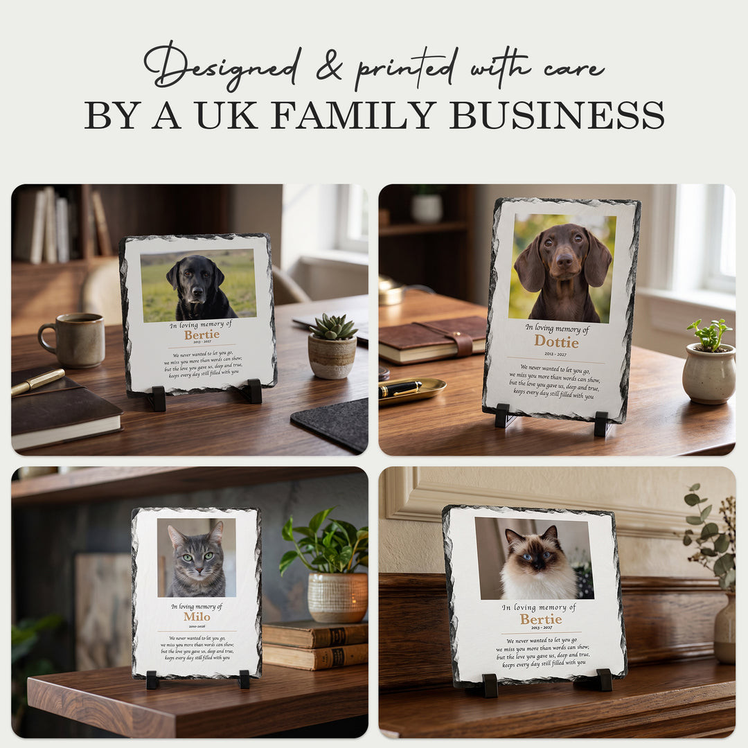 Four In Loving Memory pet memorial stone slates in different home settings, designed and printed by a UK family business