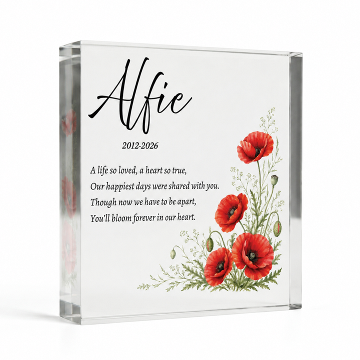 15x15cm square poppy remembrance block with red poppies, name Alfie and dates