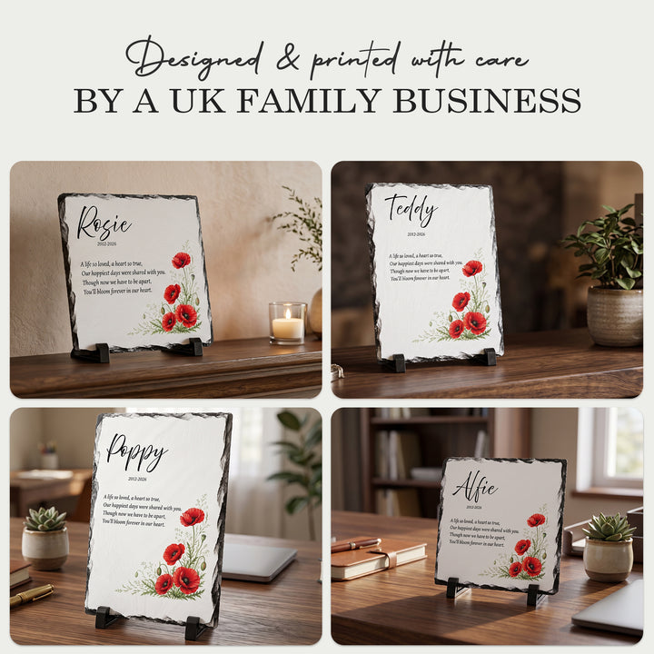 Four poppy remembrance plaque slates in different home settings, designed and printed by a UK family business