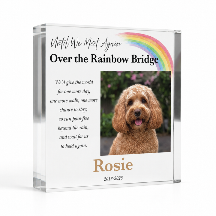 10x10cm square Rainbow Bridge memorial block with a cockapoo photo and name Rosie