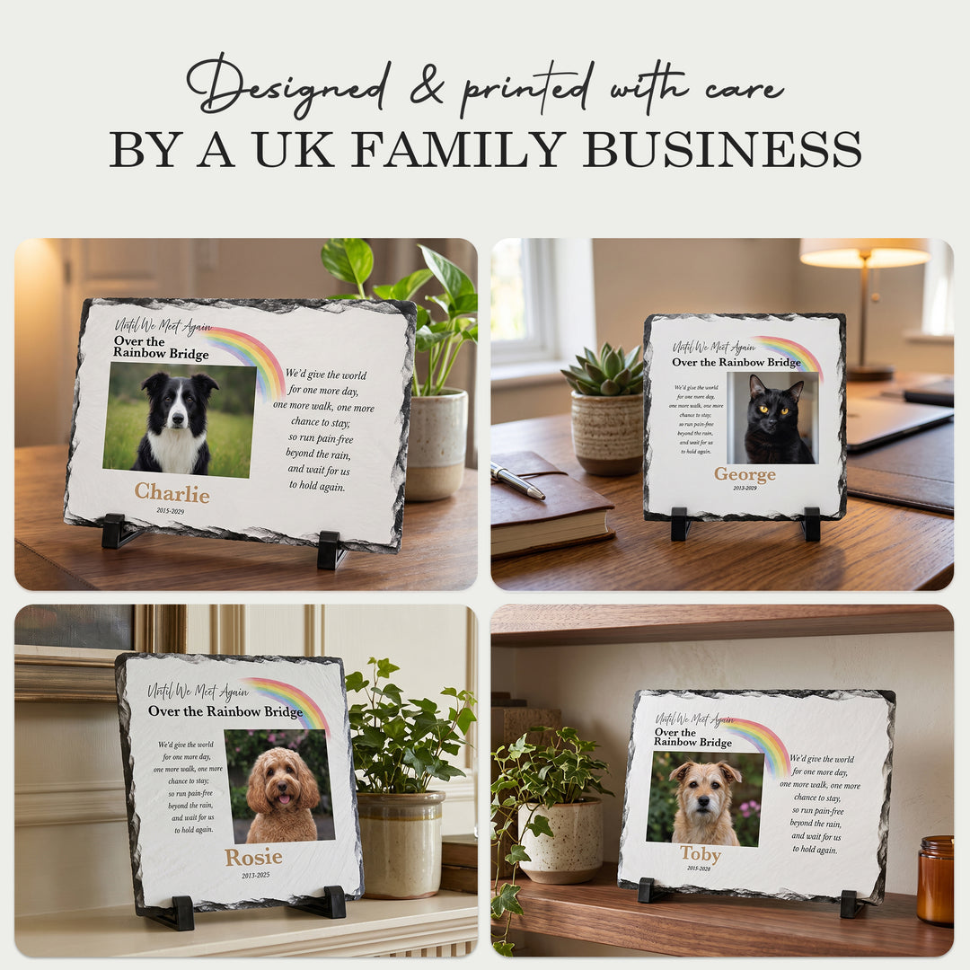 Four Rainbow Bridge plaque slates in different home settings, designed and printed by a UK family business