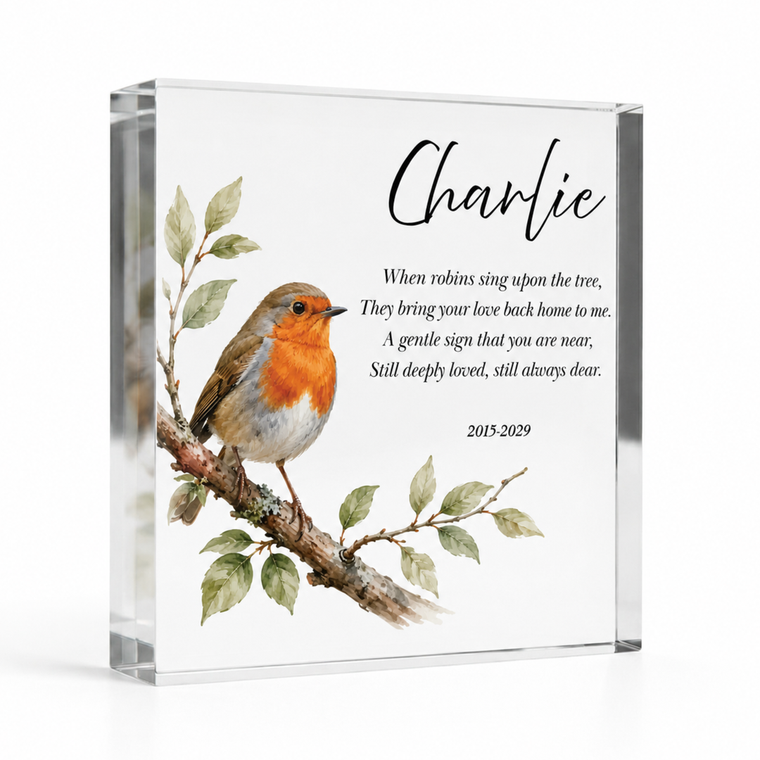 15x15cm square robin remembrance verse block with a robin, name Charlie and dates