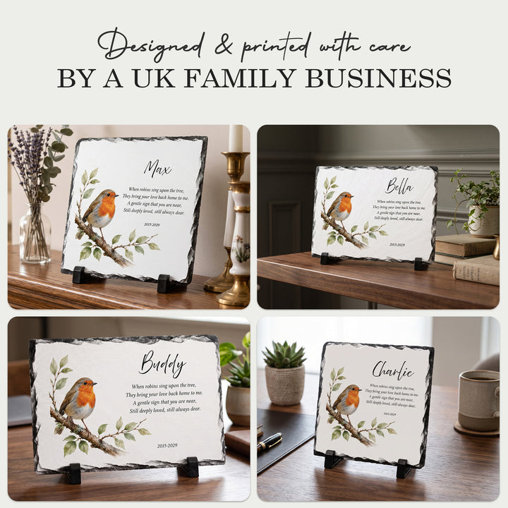Four robin memorial plaque slates in different home settings, designed and printed by a UK family business