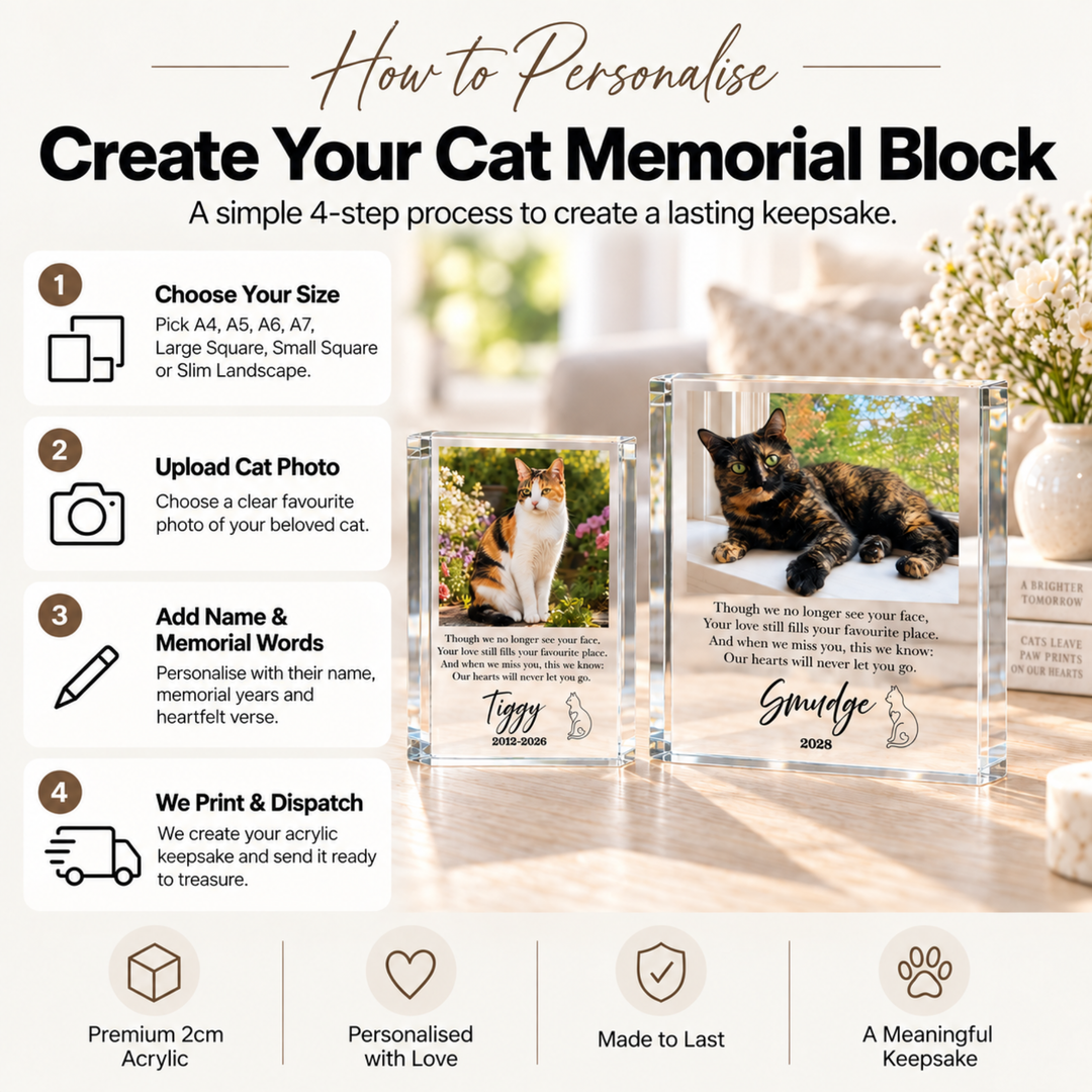 How to personalise a cat memorial block: choose size, upload your cat's photo, add name and memorial words