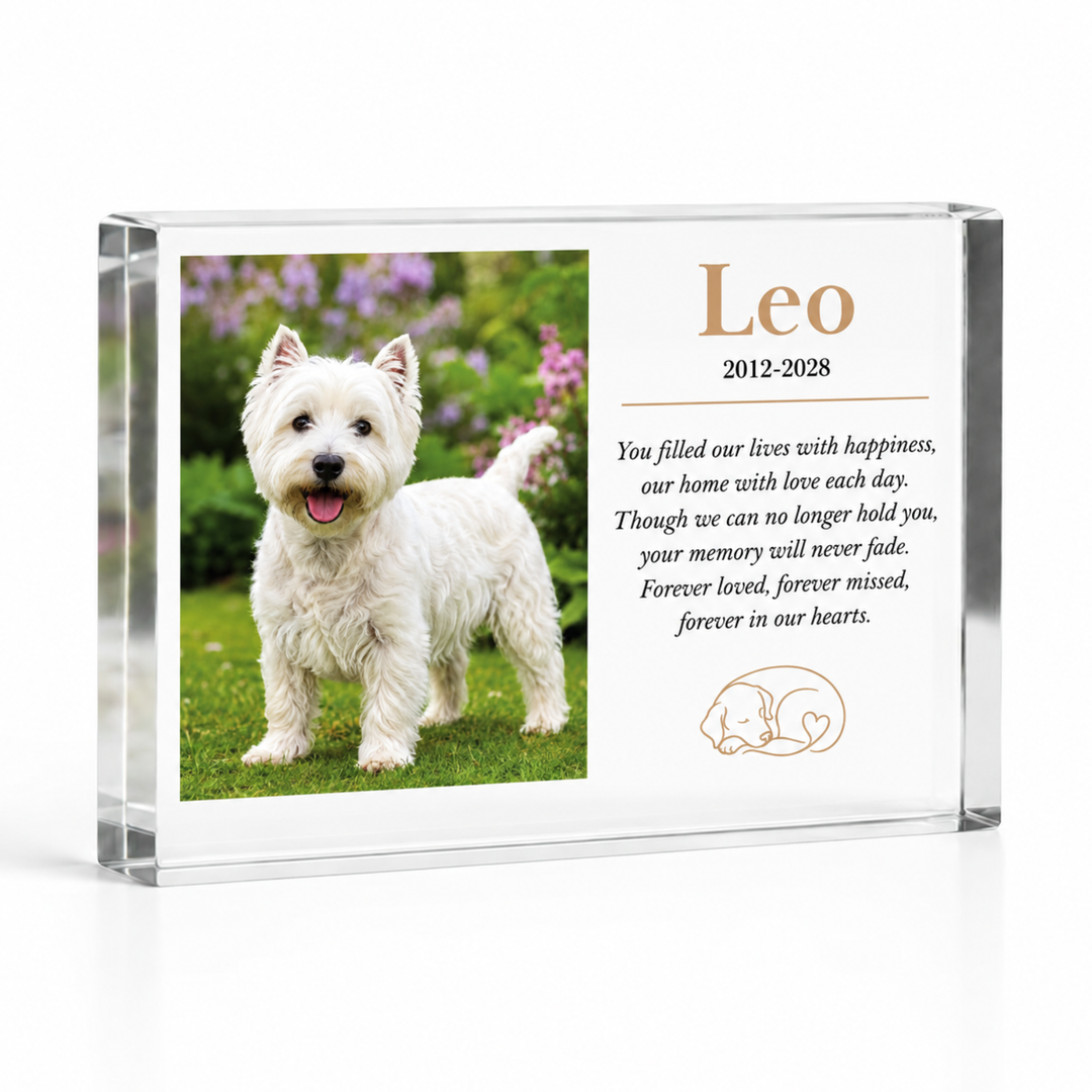 A5 dog memorial gift block with a West Highland terrier photo, name Leo, dates and a verse