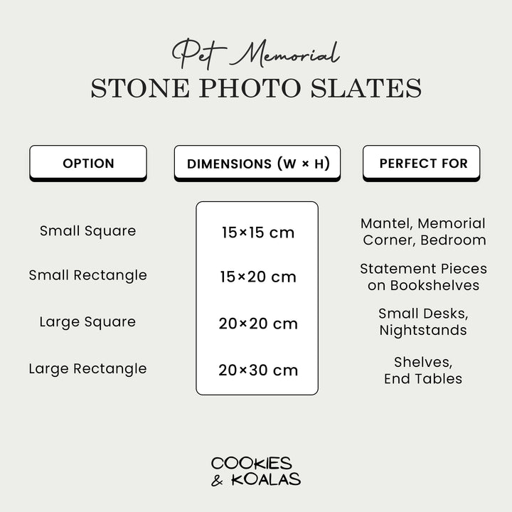 Size guide for the dog memorial stone: small and large squares and rectangles with dimensions