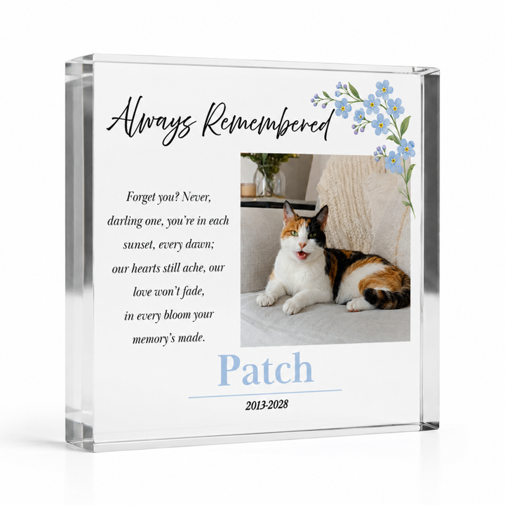 15x15cm square forget me not pet sympathy block with a calico cat photo and name Patch