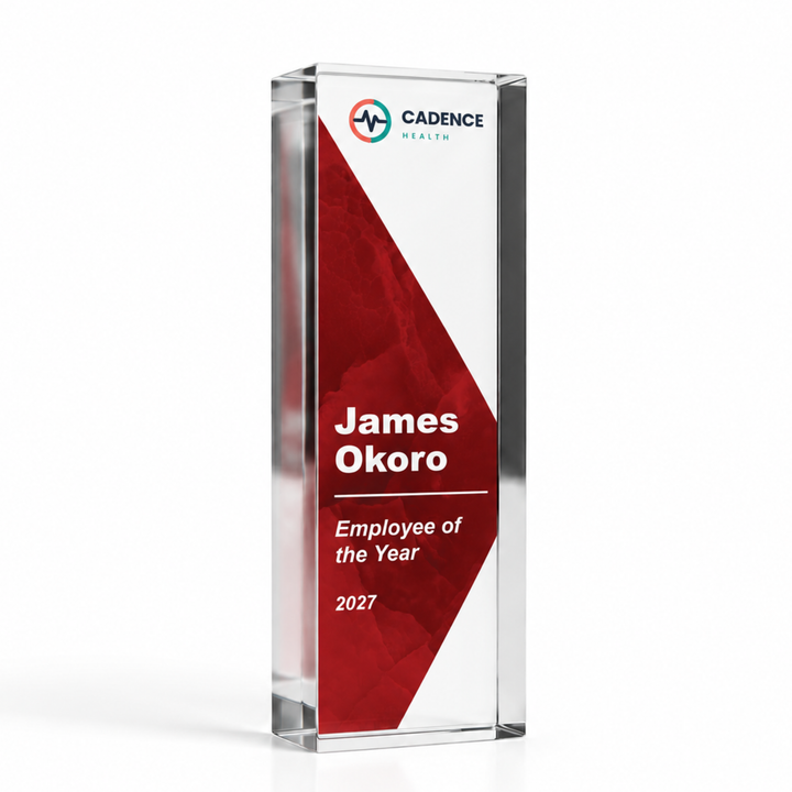 Large tall 20 x 6cm staff award in red printed Employee of the Year, a personalised acrylic trophy with logo