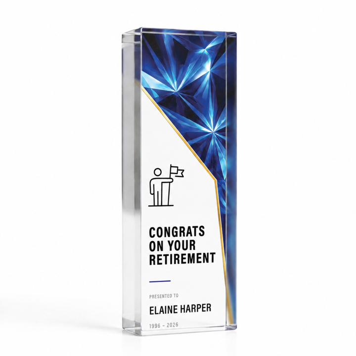 Large tall 20 x 6cm retirement award in dark blue prism design, personalised glass-effect acrylic trophy