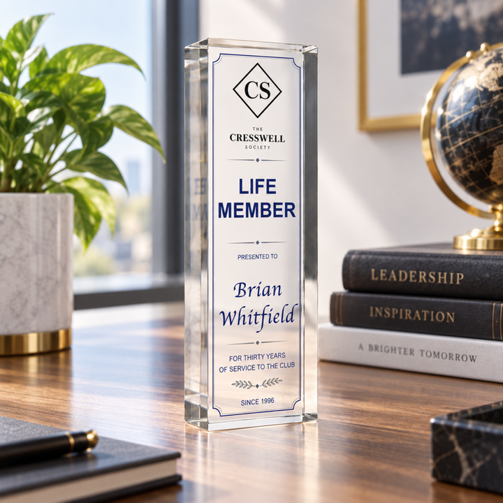 Slim Life Member recognition plaque for a club or society, personalised acrylic certificate award with crest
