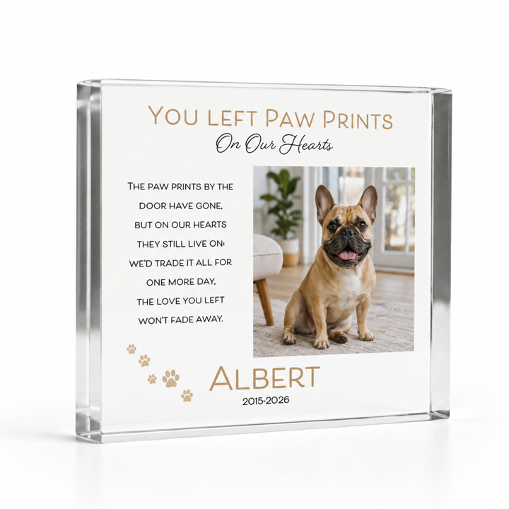 15x15cm square paw prints pet remembrance block with a French bulldog photo and name Albert