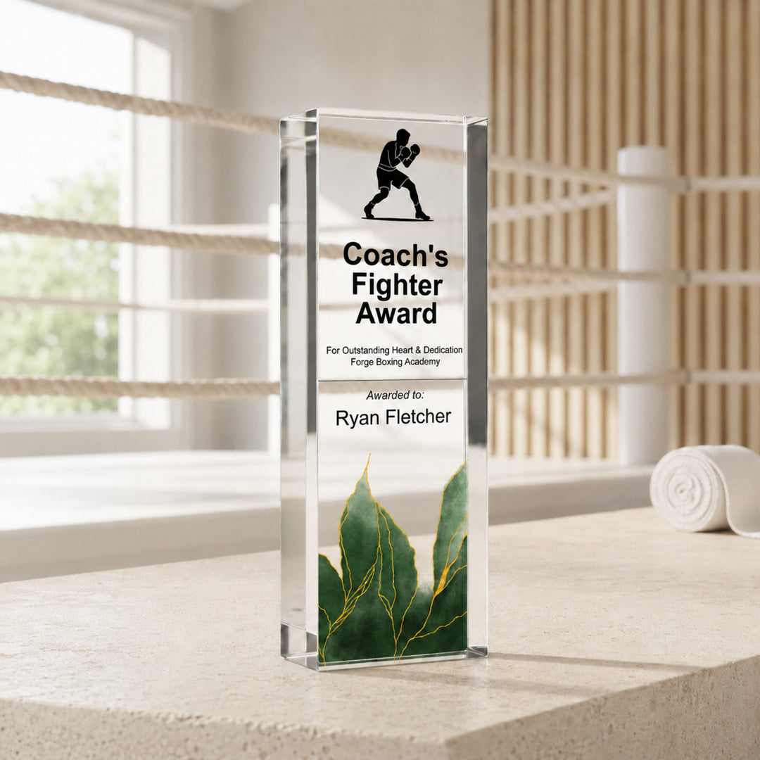 Slim upright personalised boxing trophy printed Coach's Fighter Award with a green base
