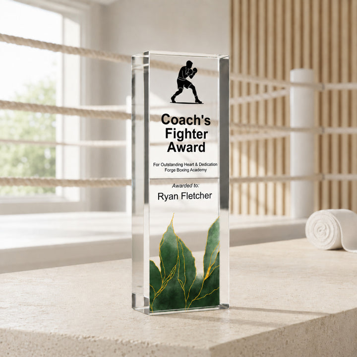 Slim upright personalised boxing trophy printed Coach's Fighter Award with a green base