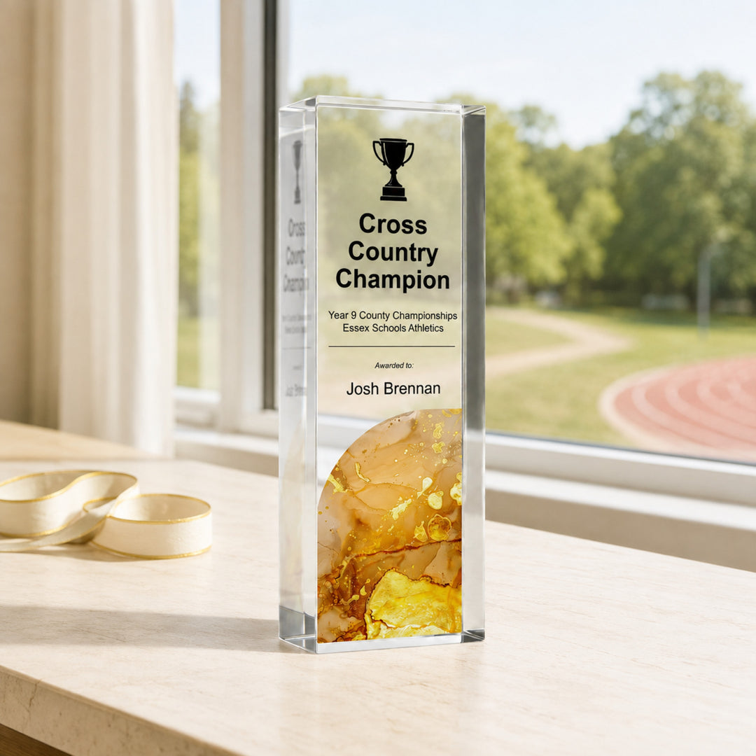 Slim upright personalised cross country running trophy in clear acrylic with amber base