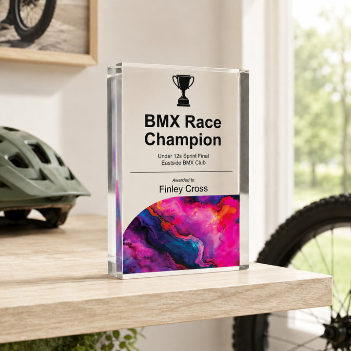 Personalised BMX cycling trophy printed BMX Race Champion with a magenta base