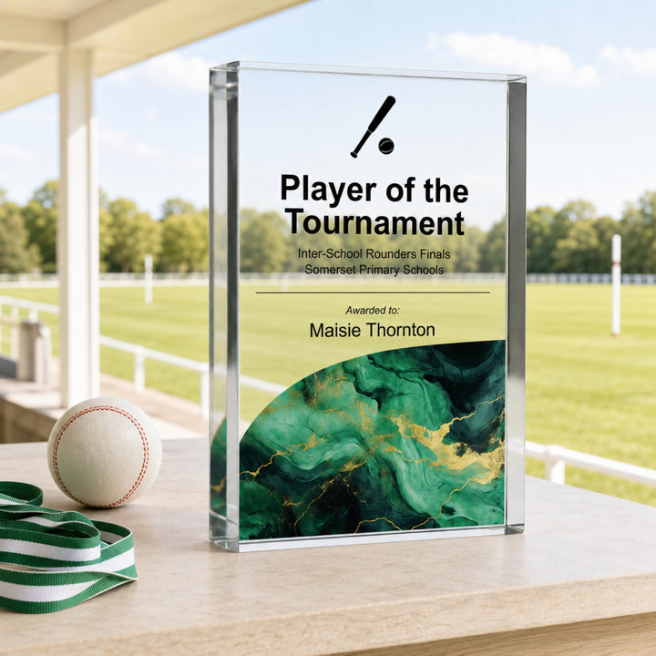 Personalised rounders trophy printed Player of the Tournament with a green base