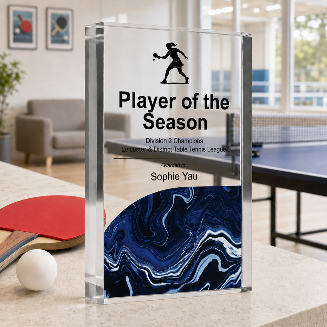 Slim upright personalised table tennis trophy printed Player of the Season with a navy base