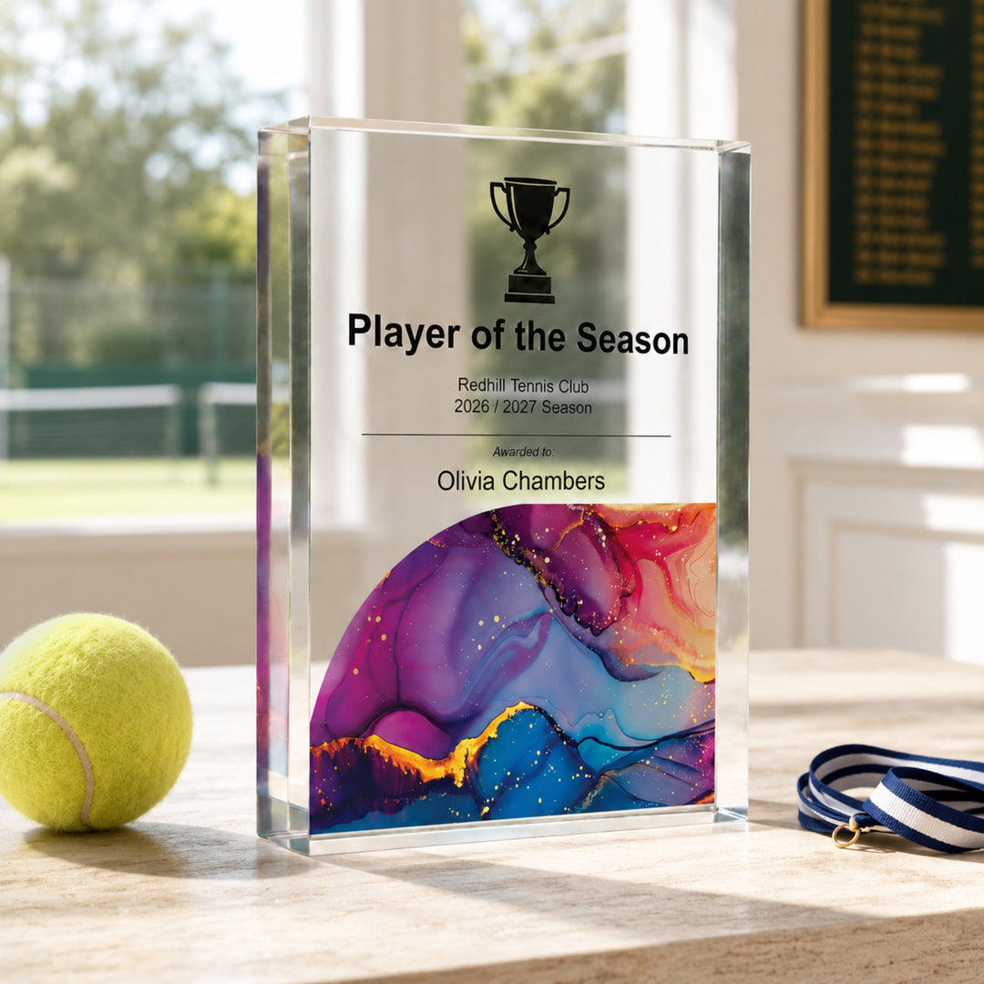 Personalised tennis trophy printed Player of the Season with a trophy icon and purple base