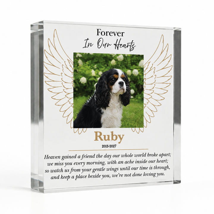 15x15cm square angel wings pet bereavement block with a Cavalier King Charles photo and name Ruby