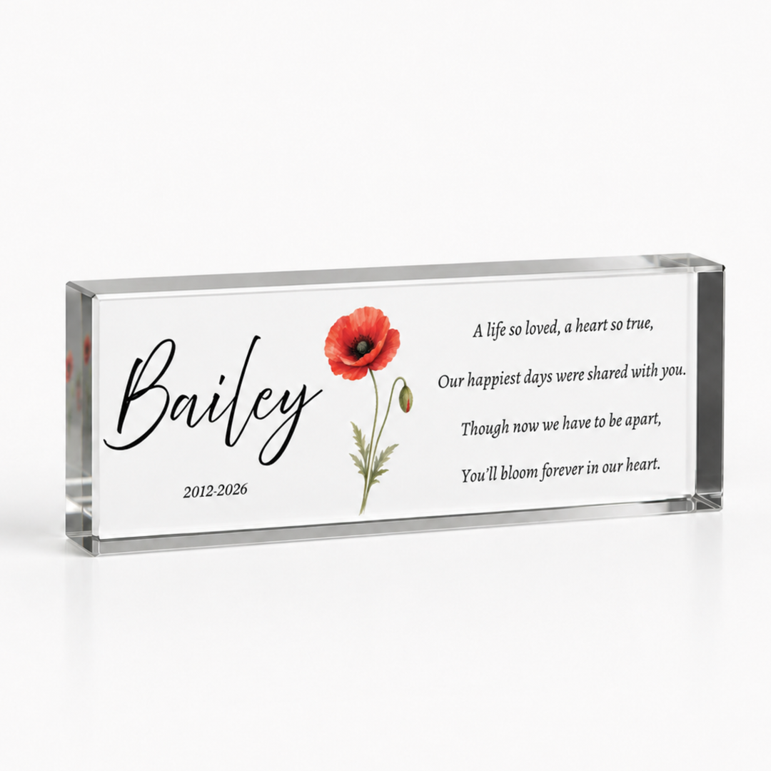 20x6cm slim poppy memorial block with a single red poppy, name Bailey and a verse