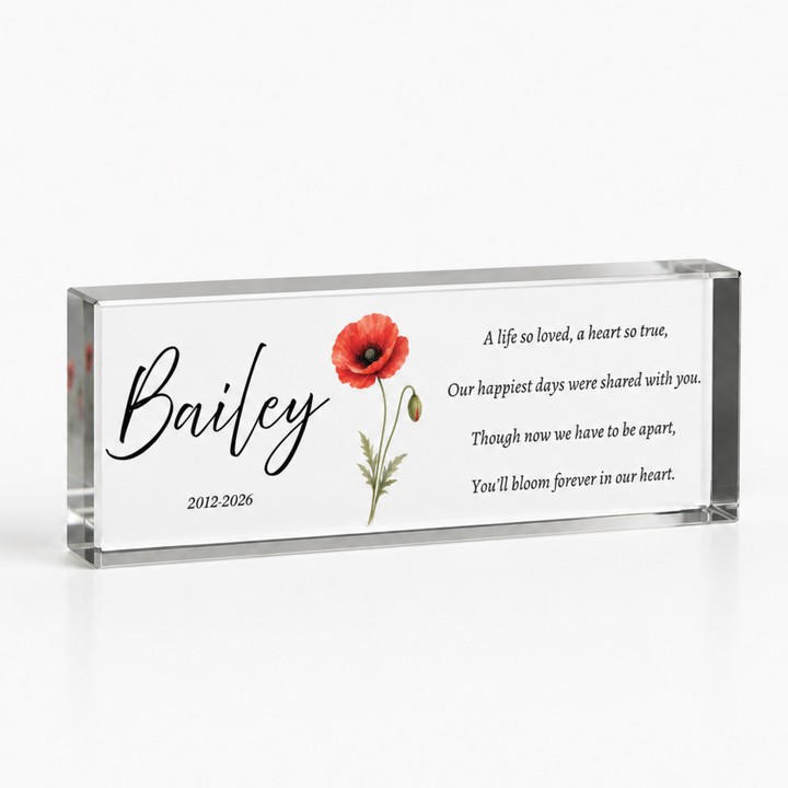 20x6cm slim poppy memorial block with a single red poppy, name Bailey and a verse