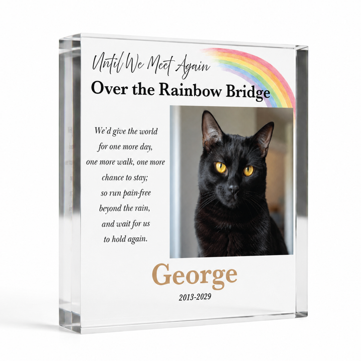 15x15cm square Rainbow Bridge pet memorial block with a black cat photo and name George