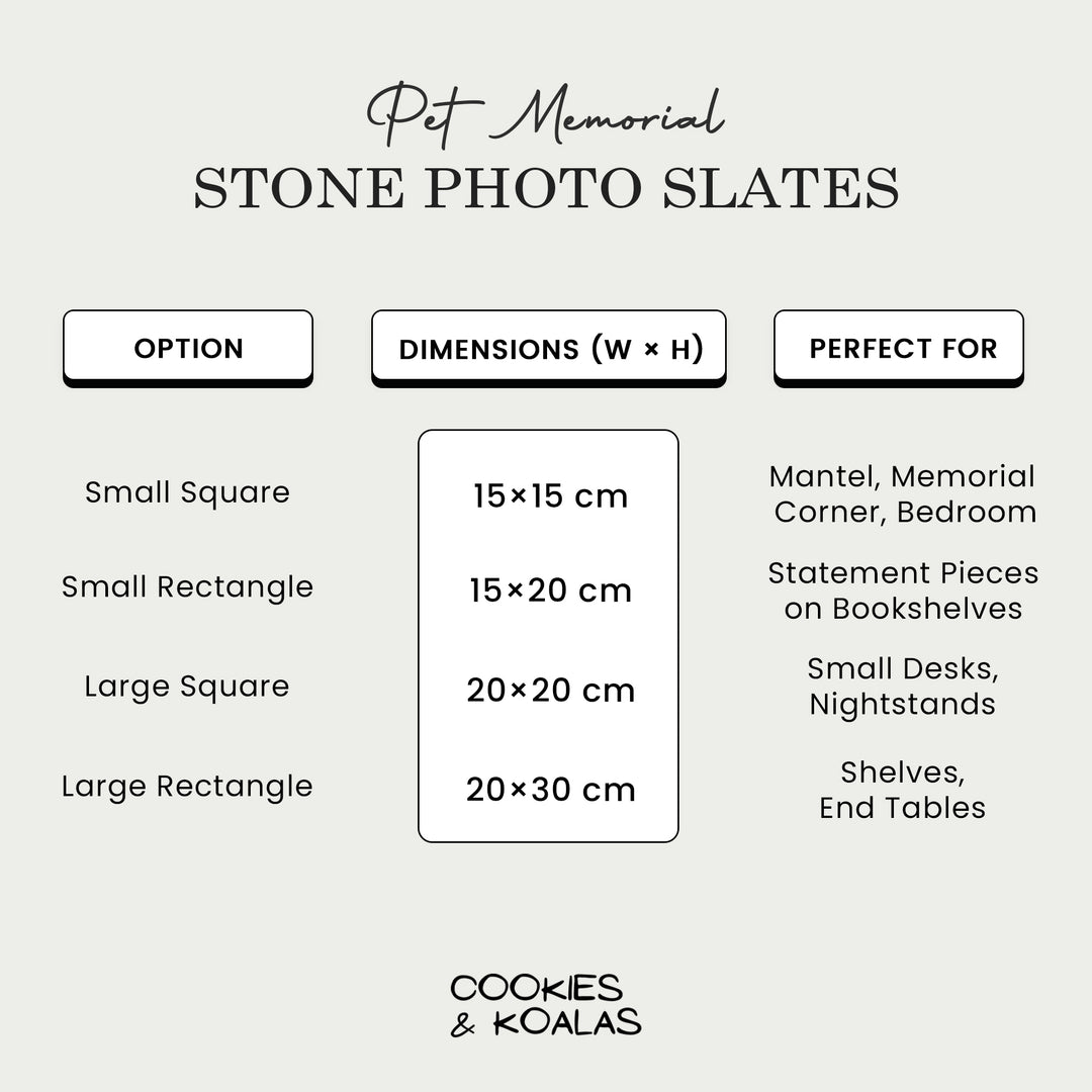 Size guide for the Rainbow Bridge plaque: small and large squares and rectangles with dimensions