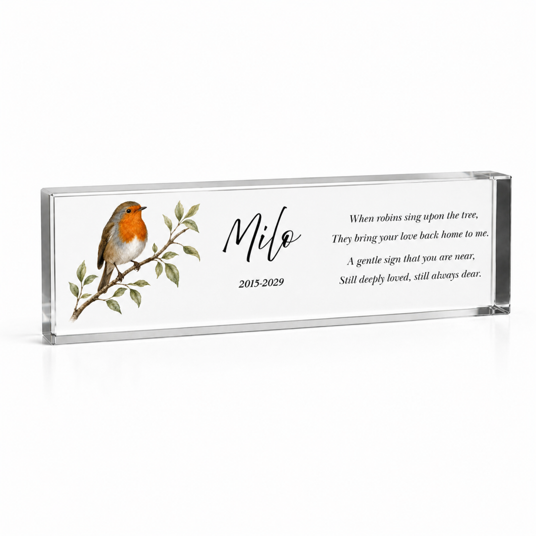 20x6cm slim robin memorial block with a small robin, name Milo and a verse
