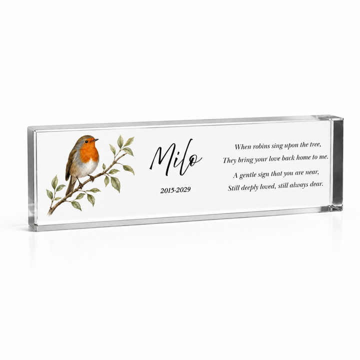 20x6cm slim robin memorial block with a small robin, name Milo and a verse