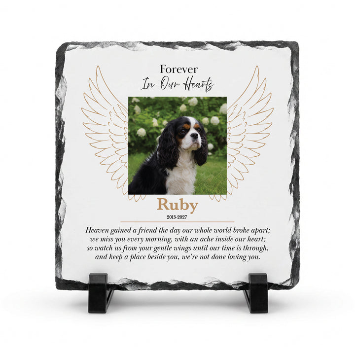 Angel wings memorial plaque in natural slate, 15x15cm small square, with a spaniel named Ruby on a stand