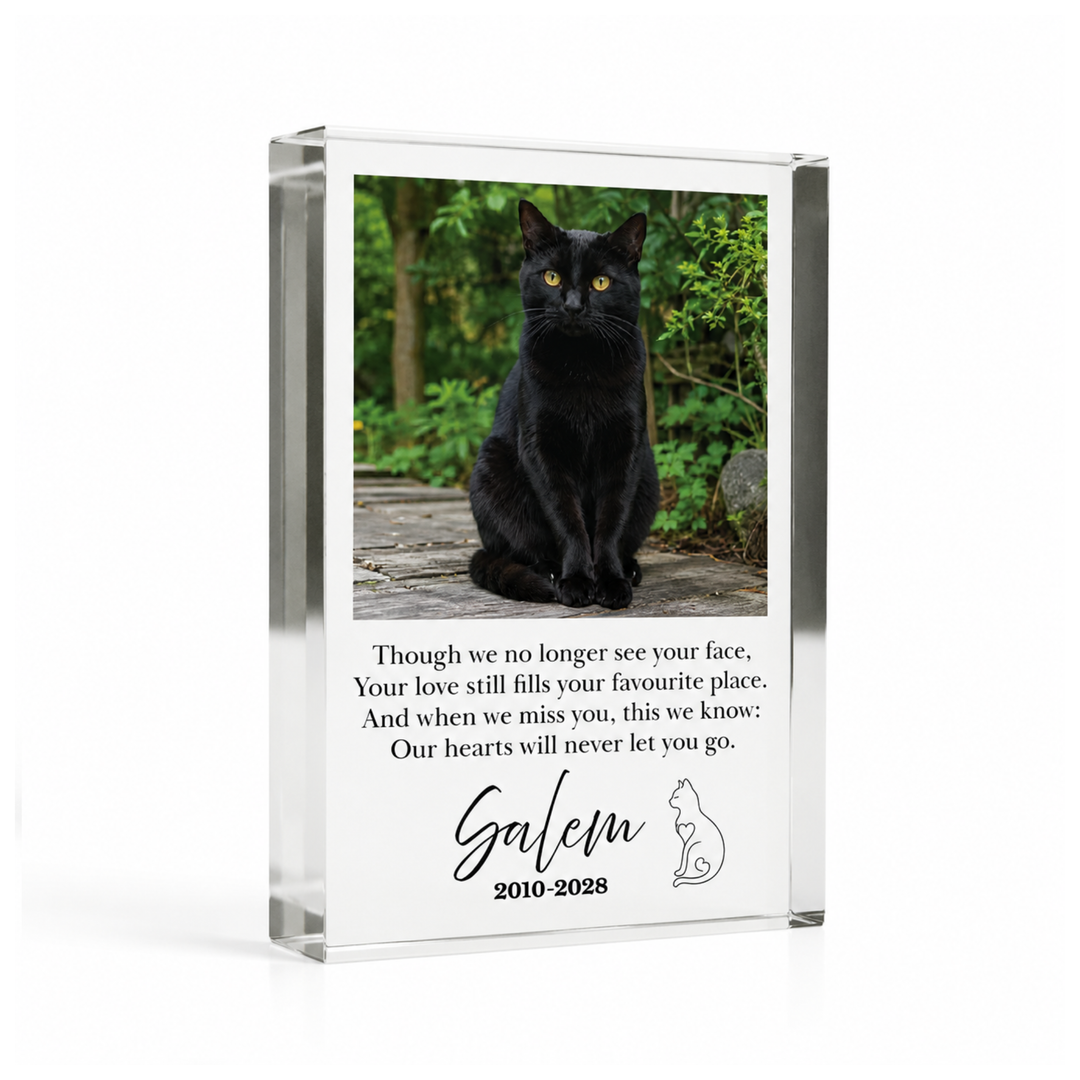 A7 cat memorial photo block with a black cat photo, verse and name Salem