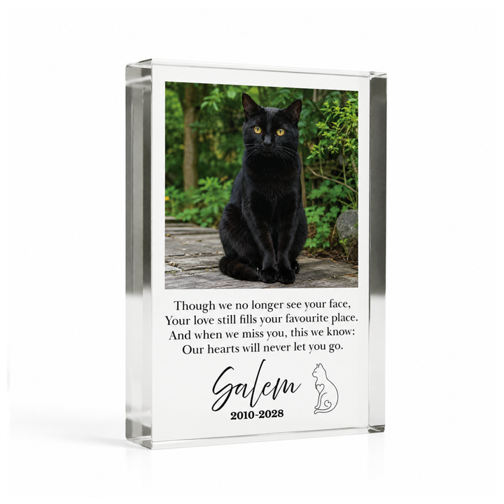 A7 cat memorial photo block with a black cat photo, verse and name Salem