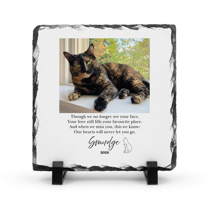 Cat memorial stone in natural slate, 15x15cm small square, with a tortoiseshell cat named Smudge on a stand