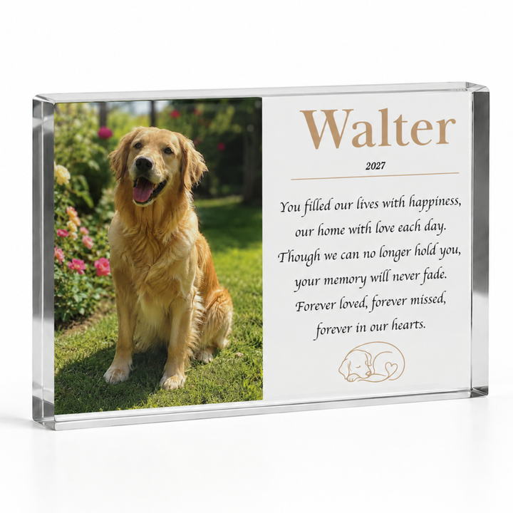 A4 loss of dog gift acrylic block with a golden retriever photo, name Walter and a verse