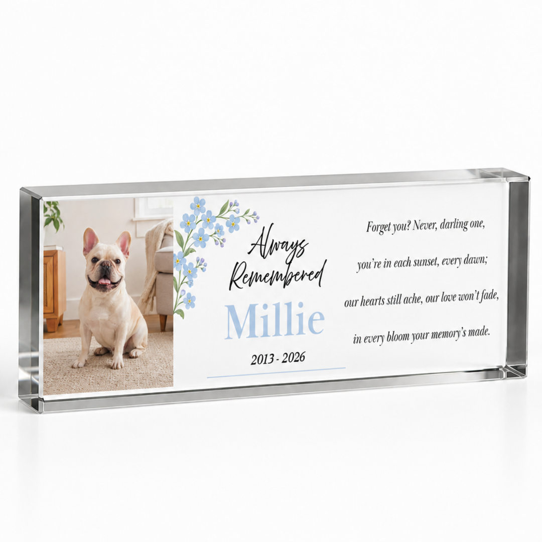 20x6cm slim forget me not pet memorial block with a French bulldog photo and name Millie