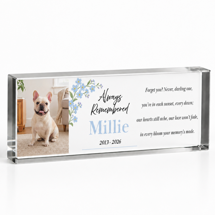 20x6cm slim forget me not pet memorial block with a French bulldog photo and name Millie