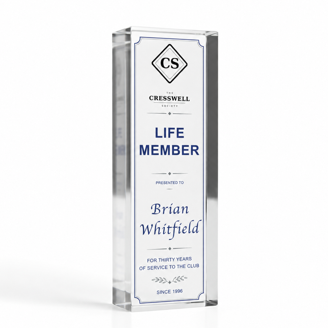 Large tall 20 x 6cm Life Member recognition plaque with club crest, personalised acrylic certificate award