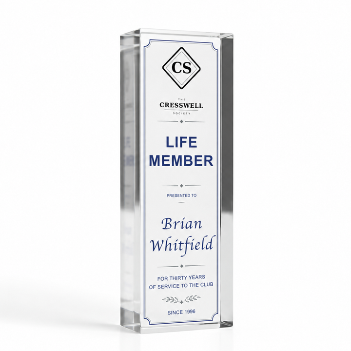 Large tall 20 x 6cm Life Member recognition plaque with club crest, personalised acrylic certificate award