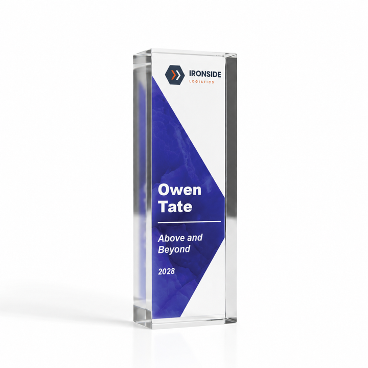 Medium tall 15 x 5cm royal blue Above and Beyond staff award, personalised clear acrylic trophy