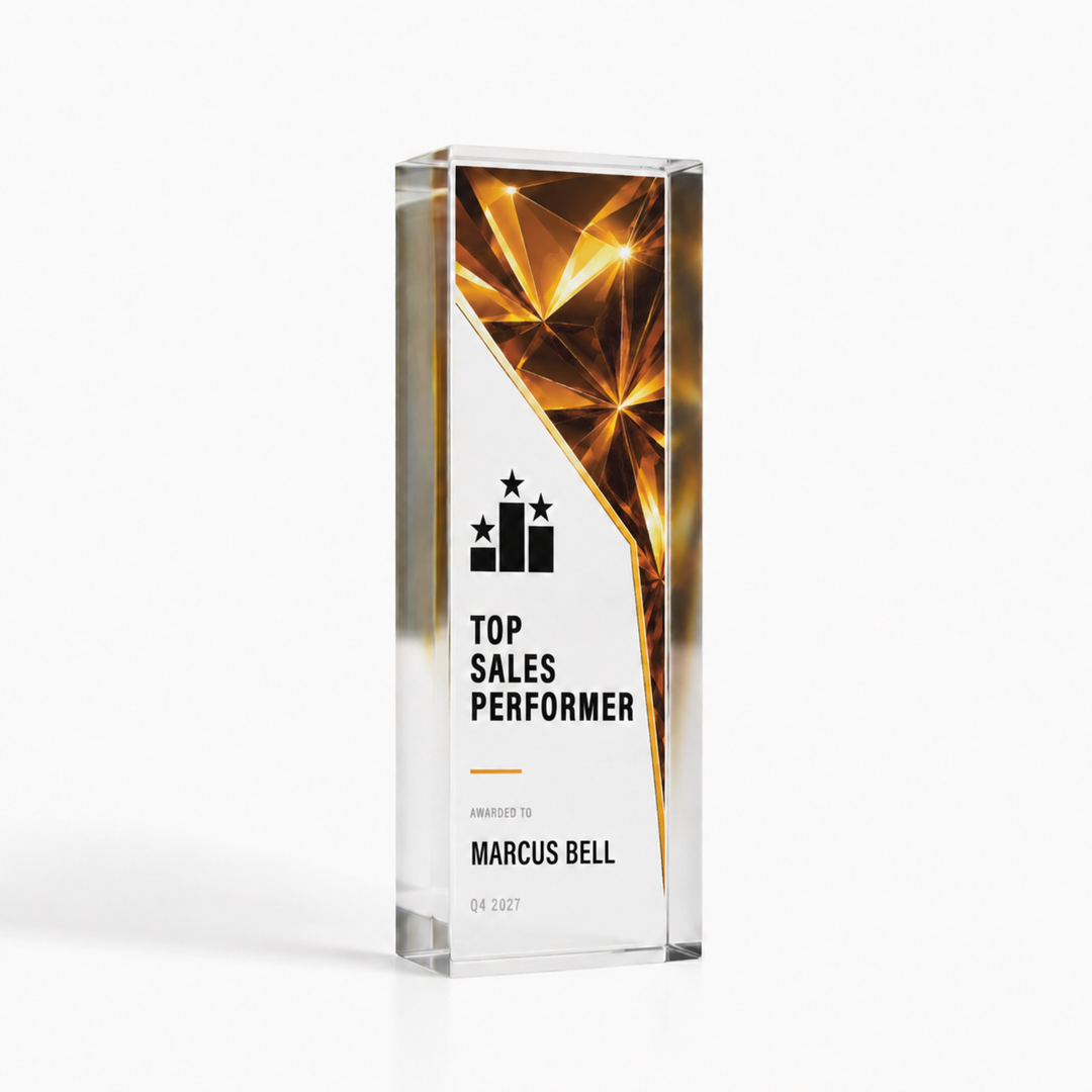 Medium tall 15 x 5cm Top Sales Performer award in gold prism design, personalised acrylic trophy