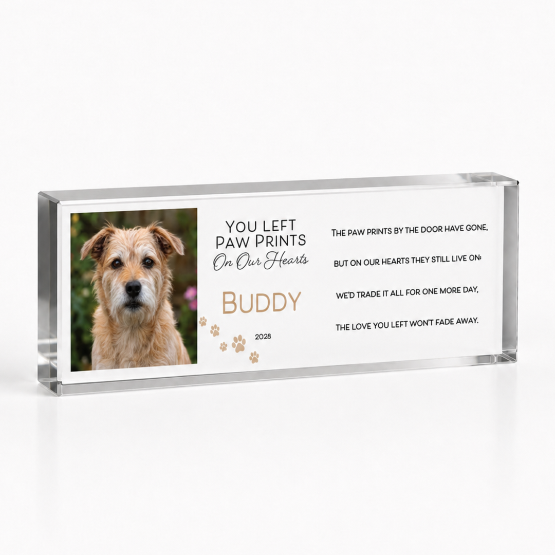 20x6cm slim paw prints on my heart block with a terrier photo and name Buddy
