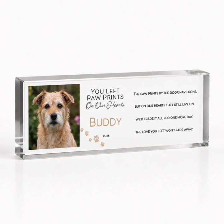 20x6cm slim paw prints on my heart block with a terrier photo and name Buddy