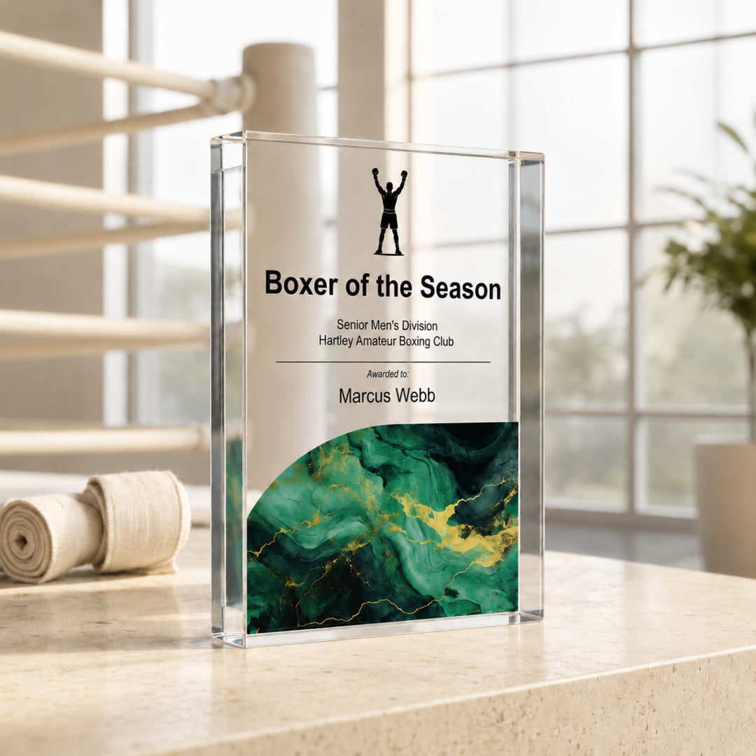 Personalised boxing trophy printed Boxer of the Season with a boxer icon and green base