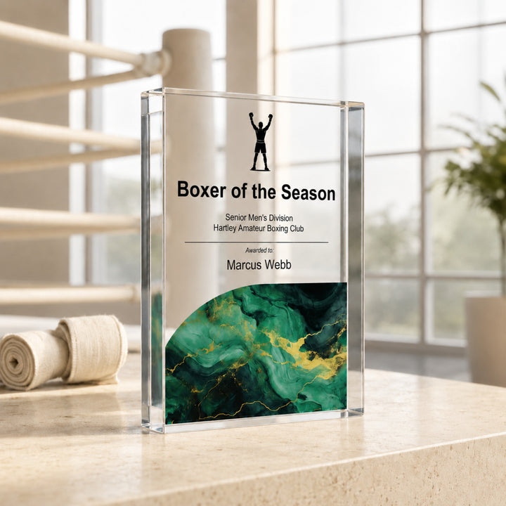 Personalised boxing trophy printed Boxer of the Season with a boxer icon and green base