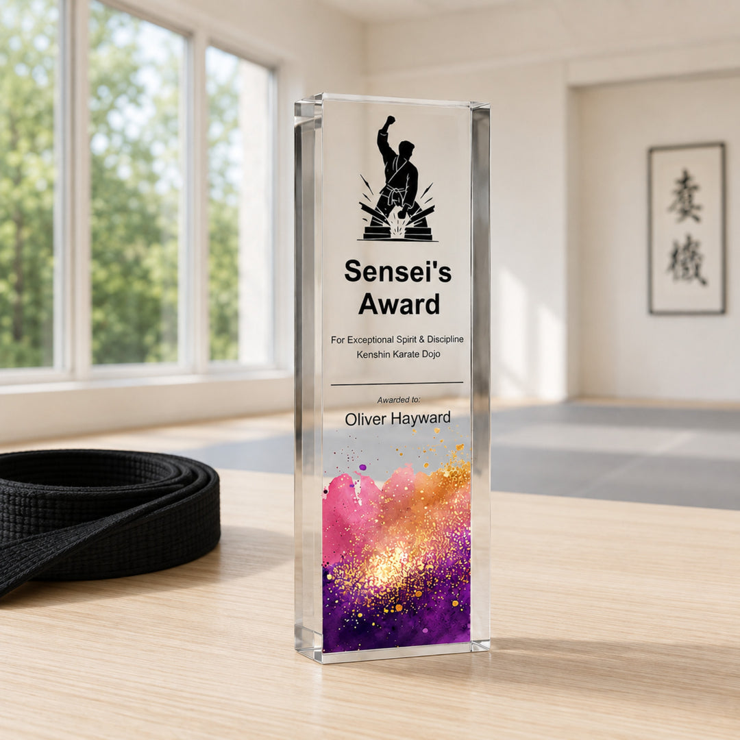 Slim upright personalised martial arts trophy printed Sensei's Award with a purple gold base