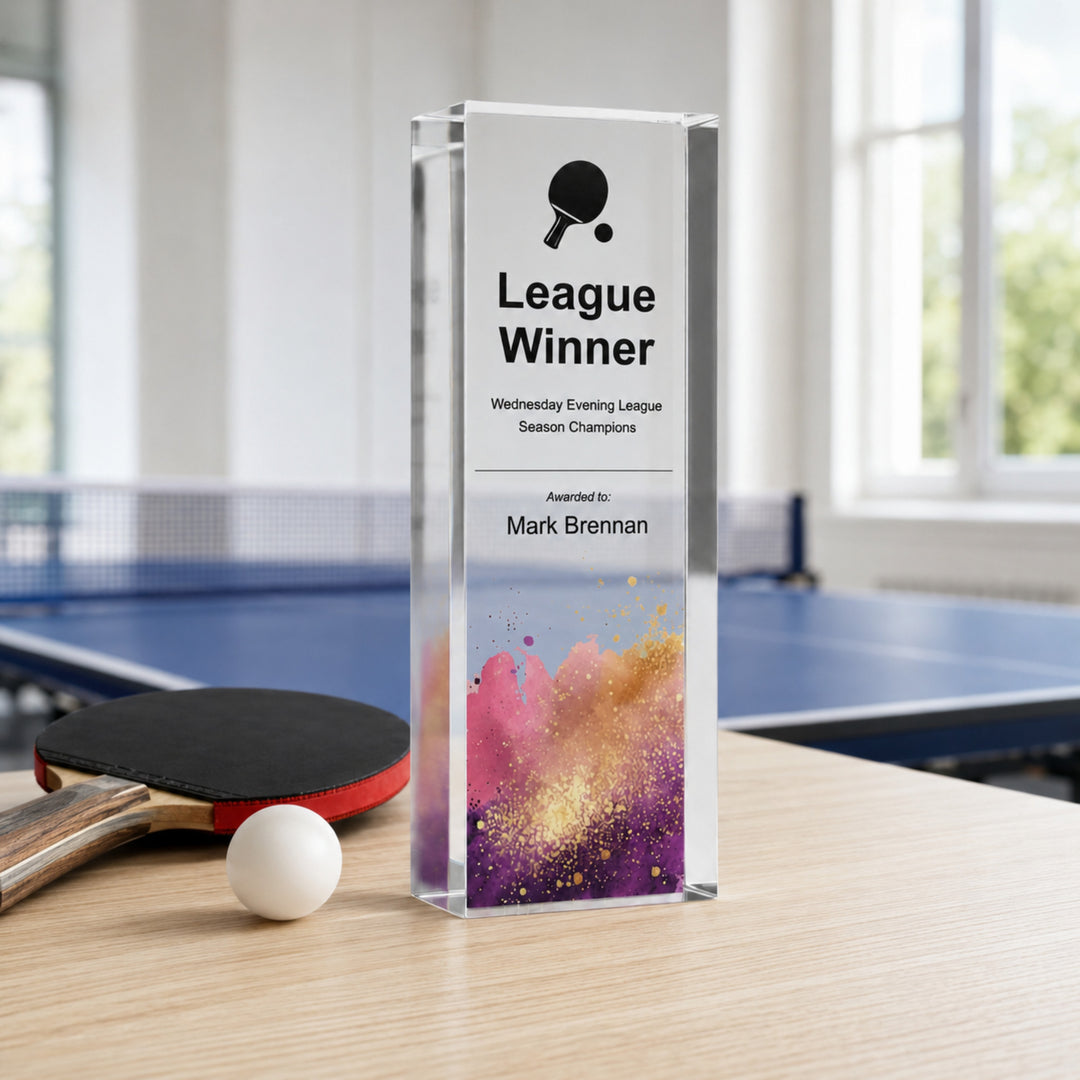 Slim upright personalised table tennis trophy printed League Winner with a bat icon