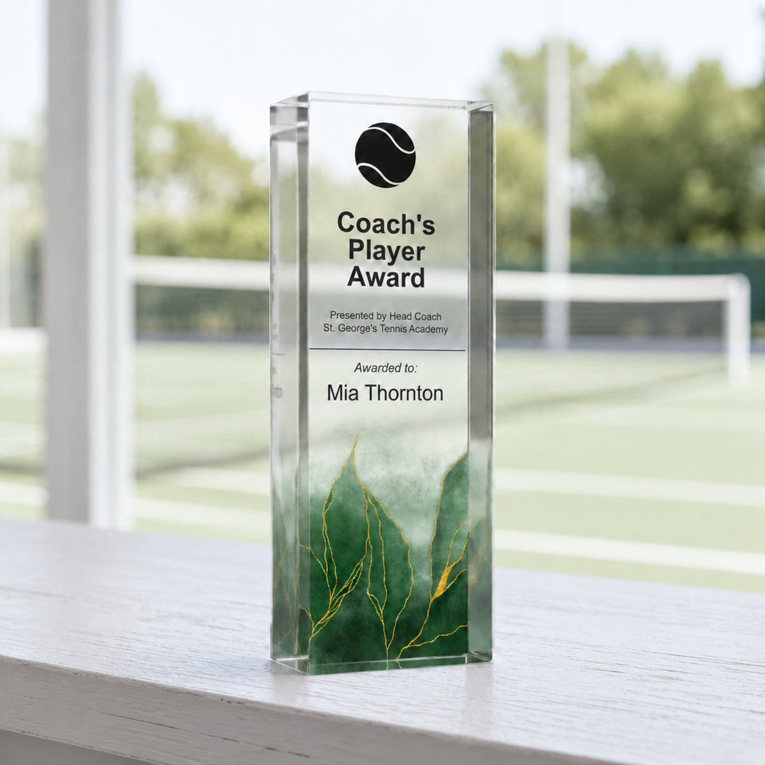 Slim upright personalised tennis trophy printed Coach's Player Award with a green base
