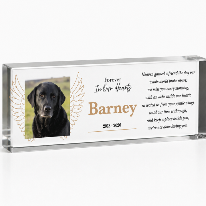 20x6cm slim angel wings pet memorial block with a black Labrador photo and name Barney
