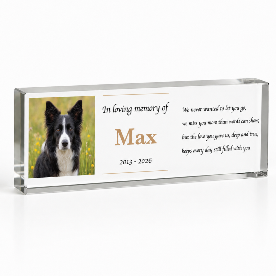 20x6cm slim in loving memory pet memorial block with a border collie photo, name Max and a verse