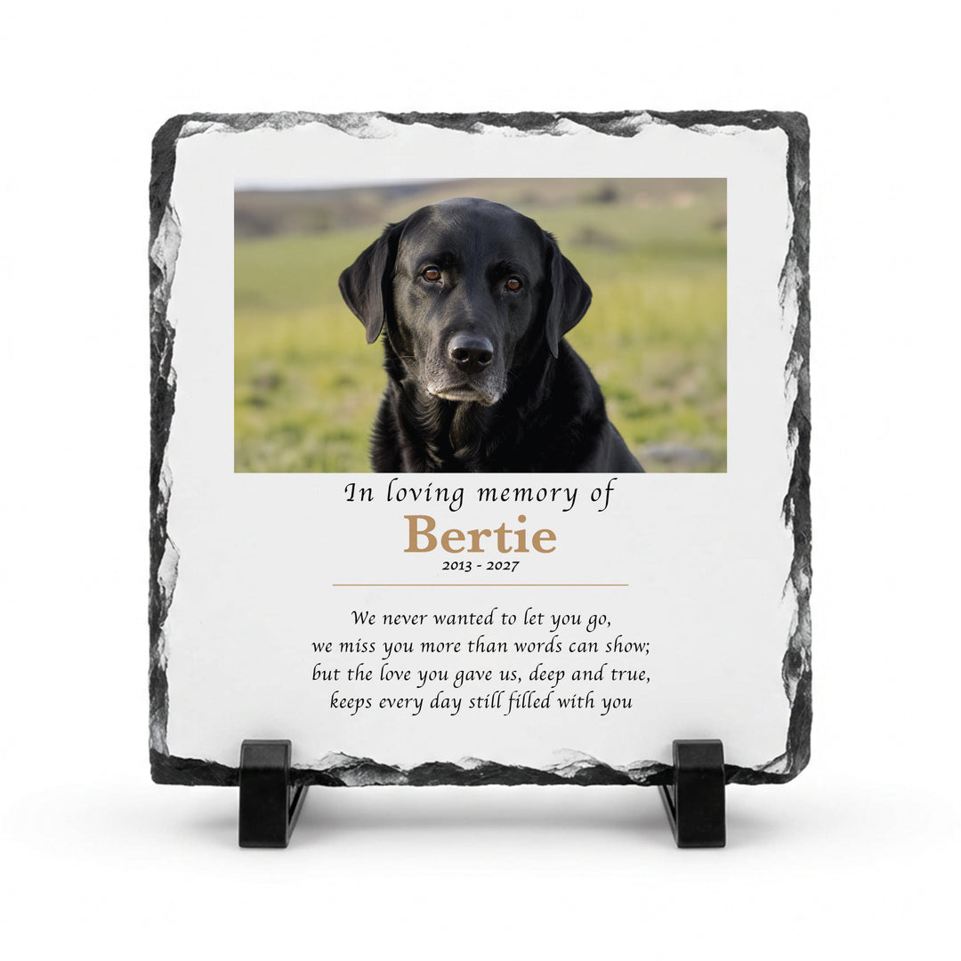 In Loving Memory pet memorial stone in natural slate, 15x15cm small square, with a black dog named Bertie on a stand